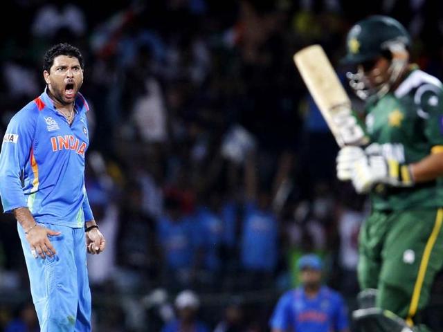 Yuvraj Singh celebrates the dismissal of Kamran Akmal during the ICC T20 World Cup cricket match, Super Eight group between India and Pakistan at R. Premadasa Stadium in Colombo, Sri Lanka . Photo: Ajay Aggarwal/Hindustan Times