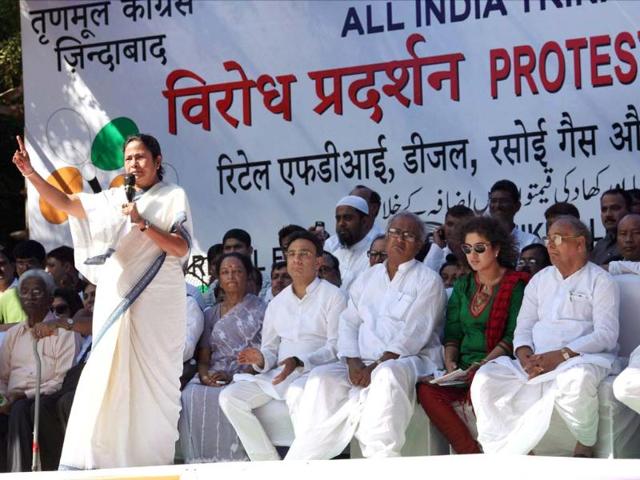 Trinamool Congress chief and West Bengal chief minister Mamata Banerjee addressing a rally against FDI in multi-brand retail and diesel price hike in New Delhi. (PTI Photo by Atul Yadav)