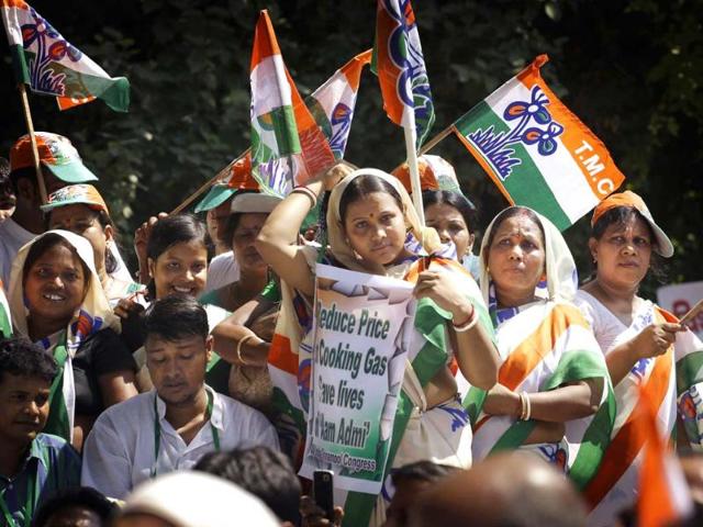 Supporters of Trinamool Congress party wave their party flags as they wait for their leader Mamata Banerjee at a rally in New Delhi. (AP Photo/Saurabh Das)