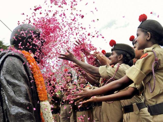 NCC students paying tributes to Mahatma Gandhi on his 143rd birth anniversary in Kochi. PTI
