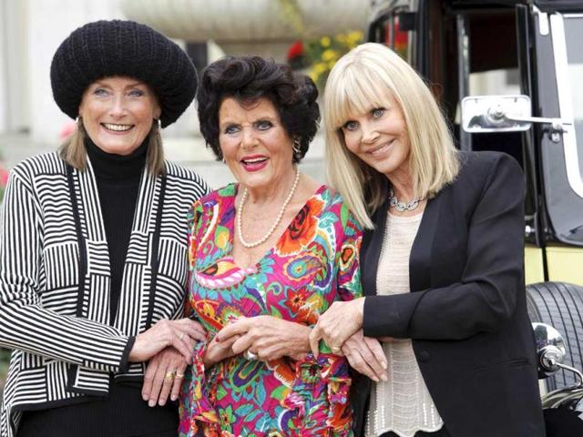 Actors, from left, Tania Mallet, Eunice Gayson and Britt Ekland pose at a photocall for Bond 50 on Friday, Sept. 21, 2012 in London. (Photo by Jonathan Short/Invision/AP)