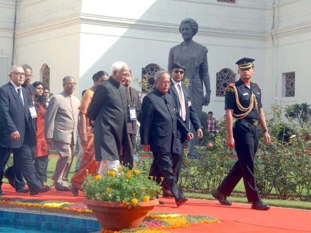 President Pranab Mukherjee, Vice President Hamid Ansari, Lok Sabha Speaker Miera Kumar and other dignitaries arriving at the Central Hall of Parliament House in a procession to address the 7th meeting of Women Speakers of Parliament in New Delhi.