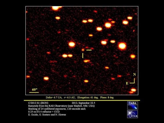 Russian-astronomers-recently-spotted-the-comet-2012-S1-ISON-90-million-kilometres-from-the-Earth-It-is-currently-a-faint-glow-streaking-between-Saturn-and-Jupiter-but-as-the-Sun-s-gravity-draws-the-comet-closer-dust-and-ice-will-be-blasted-off-giving-it-a-highly-reflective-tail