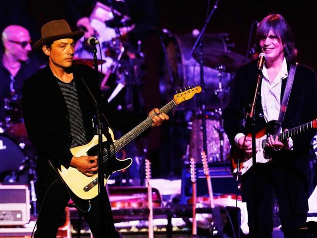 Musician Jakob Dylan performs with Larry Campbell during the "Love for Levon" charity event at the Izod Center in East Rutherford, New Jersey. Reuters/Shannon Stapleton