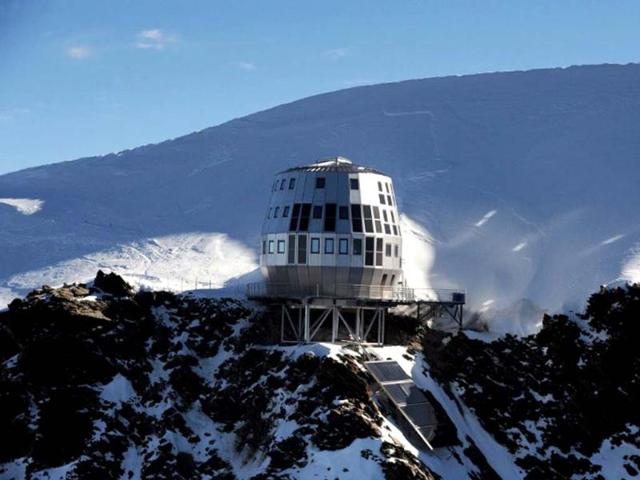 The new "Refuge du Gouter" (3.835 meters high -12,600 feet) at the Dome du Gouter (4.304 meters high, 14,120 feet) on the way to the summit of Mont-Blanc. The ovoid architecture of Deca-Laage architects, H Group, ha been designed to fit to aesthetical and technical environmental constraints. AFP photo