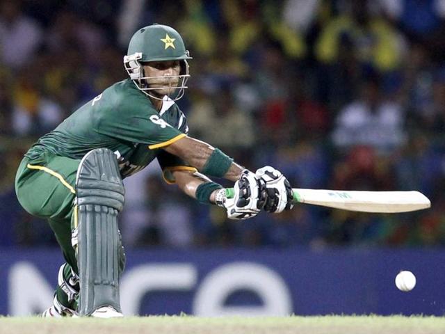 Pakistan's captain Mohammad Hafeez plays a shot during their Twenty20 World Cup semi-final cricket match against Sri Lanka in Colombo. Reuters/Dinuka Liyanawatte