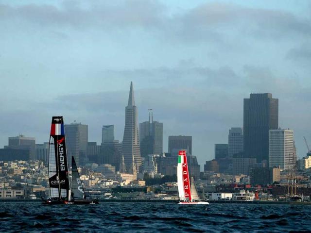 Team Luna Rossa Swordfish competes in a fleet race during the America's Cup World Series in San Francisco, California. Teams are racing on an AC45 boat, which is the forerunner to the AC72 that teams will race next year in the Louis Vuitton Cup and America's Cup Finals in San Francisco. AFP/Ezra Shaw