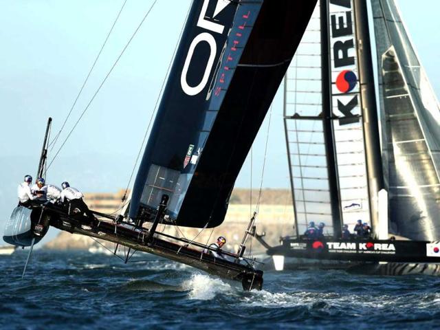 Oracle Team USA Spithill competes in a fleet race during the America's Cup World Series in San Francisco, California. Teams are racing on an AC45 boat, which is the forerunner to the AC72 that teams will race next year in the Louis Vuitton Cup and America's Cup Finals in San Francisco. AFP/Ezra Shaw