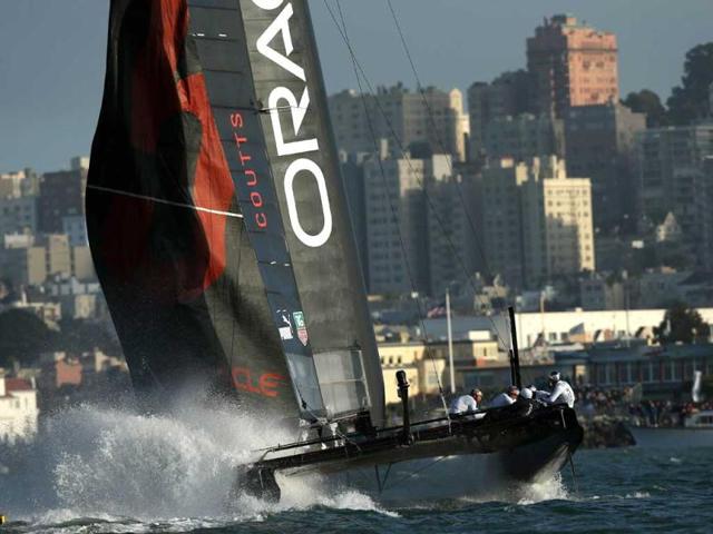 Oracle Team USA Coutts competes in a fleet race during the America's Cup World Series in San Francisco, California. Teams are racing on an AC45 boat, which is the forerunner to the AC72 that teams will race next year in the Louis Vuitton Cup and America's Cup Finals in San Francisco. AFP/Ezra Shaw