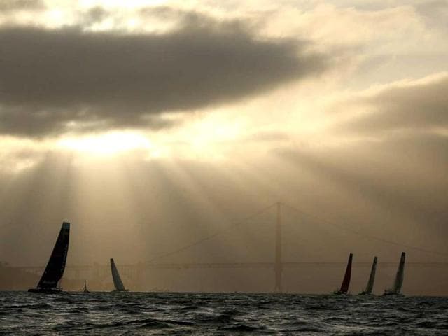 Teams compete in a fleet race during the America's Cup World Series in San Francisco, California. AFP/Ezra Shaw