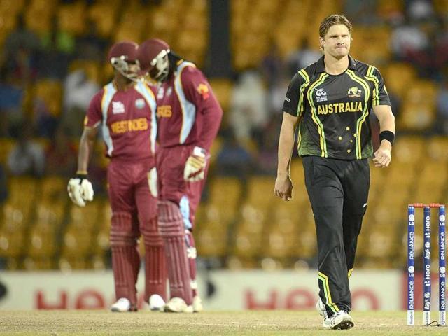 Australia's Shane Watson (R) walks back to his bowling mark during the ICC world Twenty20 semi-final against the West Indies at the R Premadasa Stadium, Colombo. Reuters Photo