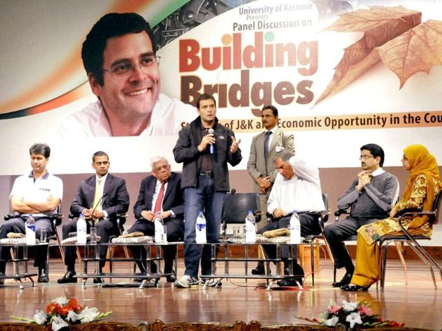 Congress leader Rahul Gandhi speaks to the students during a panel discussion on Building Bridges at Kashmir University in Srinagar. Top industrialists Ratan Tata, Kumar Mangalam Birla, Deepak Parekh and Rajeev Bajaj are also seen. PTI Photo