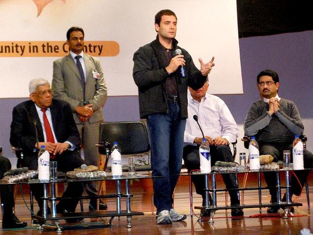 Congress leader Rahul Gandhi speaks to the students during a panel discussion on Building Bridges at Kashmir University in Srinagar. PTI Photo