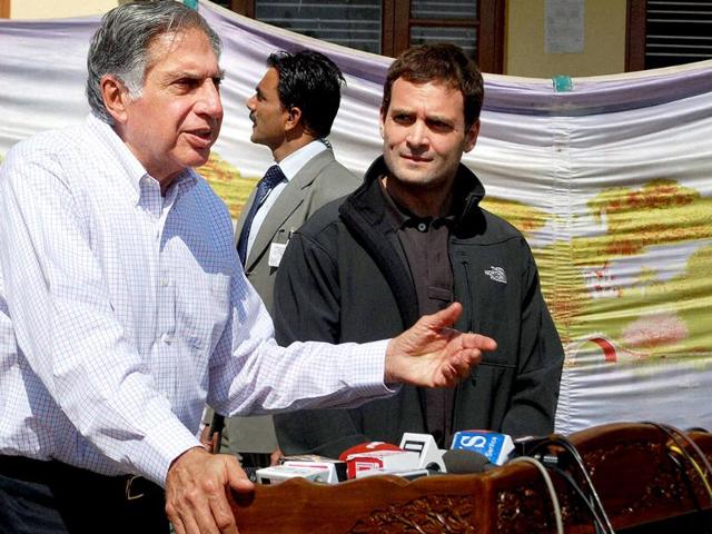 Congress leader Rahul Gandhi and industrialist Ratan Tata interact with the media during a visit to Kashmir University in Srinagar. PTI Photo