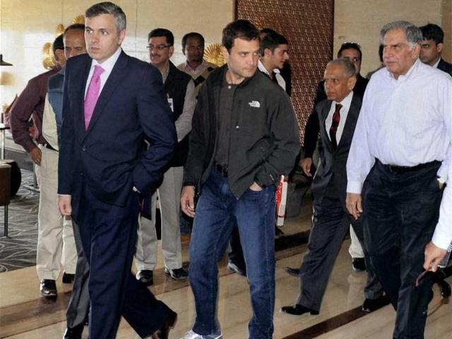 Jammu and Kashmir chief minister Omar Abdullah, Congress leader Rahul Gandhi and Industrialist Ratan Tata at a business luncheon meeting in Srinagar on Friday. PTI Photo