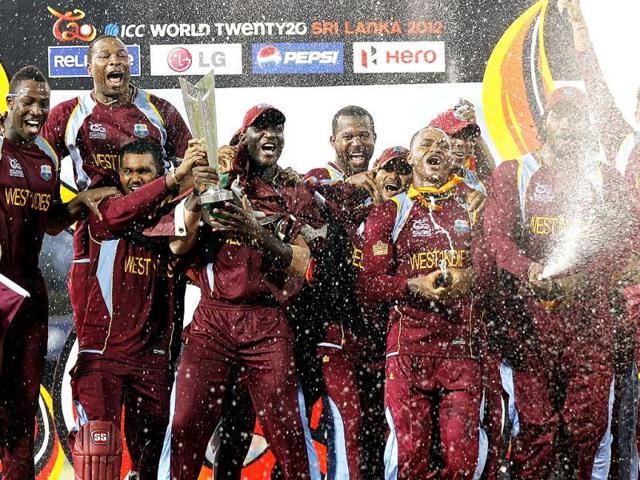 West Indies celebrate with their trophy after winning the ICC World T20 cricket final match against Sri Lanka at R Premadasa Stadium. Ajay Aggarwal/Hindustan Times