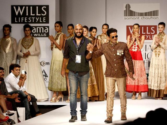 Manoj Bajpayee displayed a creation by designer Samant Chauhan at the Will Lifestyle India Fashion Week Spring Summer, in New Delhi Sunday. (Photo: M Zhazo/ Hindustan Times)