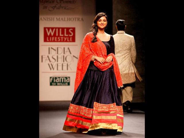 Parineeti Chopra walks the ramp at the Wills lifestyle India Fashion Week Spring Summer Collection 2013, at Pragati Maiden in New Delhi on Sunday (Photo: Raj K Raj/ Hindustan Times)