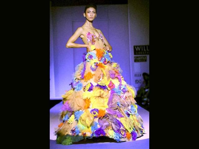 A model shows the creation of designer Khushi Shah during the Wills Lifestyle India Fashion Week in New Delhi on Monday. (PTI)