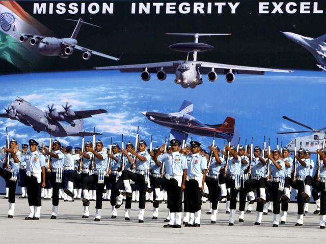 IAF personnels march past on Air Force Day at the Air Force Station in Hindon. HT/Sonu Mehta