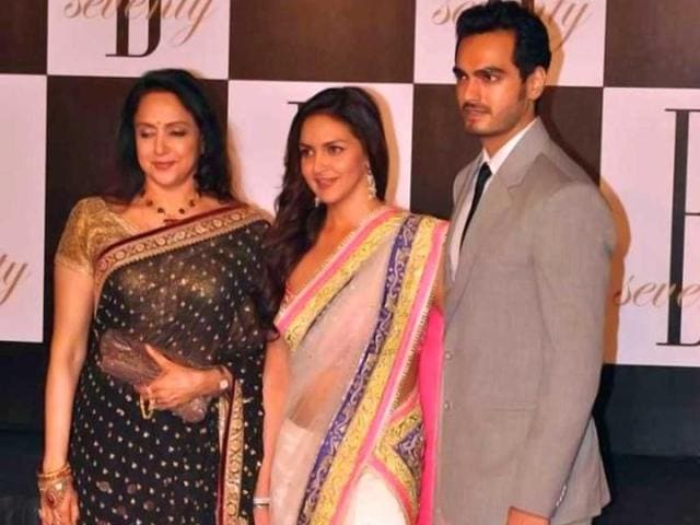 Veteran actress Hema Malini along with daughter and actress Esha Deol and son-in-law Bharat Takhtani at Big B's 70th birthday bash.