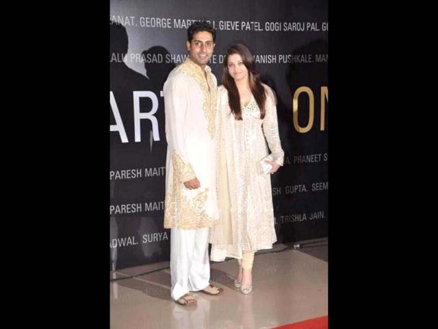 Abhishek Bachchan and Aishwarya Rai Bachchan pose during the B-Seventy art exhibition in Mumbai recently.