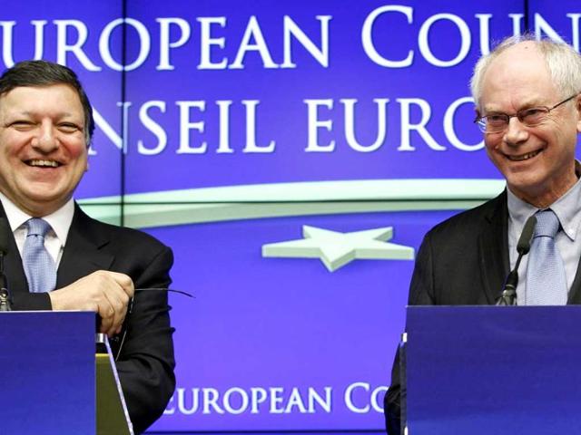 European Commission president Jose Manuel Barroso and European Council President Herman Van Rompuy attend a joint news conference at a European Union leaders summit in Brussels. The European Union won the Nobel Peace Prize. Reuters/Thierry Roge