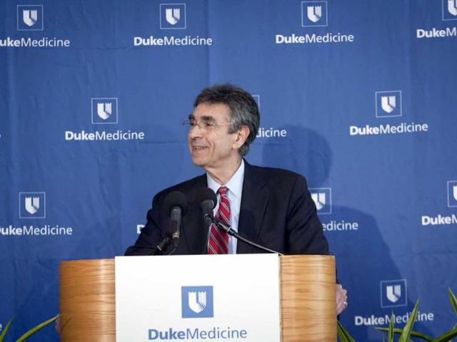 Robert Lefkowitz, professor of medicine, talks about winning the Nobel Prize for Chemistry at a press conference at the Duke University School of Nursing. Reuters/Jared Lazarus/Duke Photography