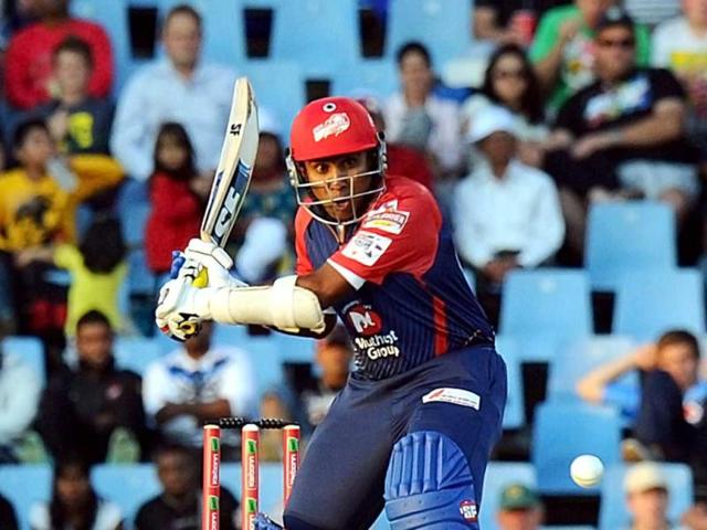 Delhi Daredevils Mahela Jayawardene plays a shot from Kalkata Knight Riders Brett Lee during a Group A match of the Champions League T20 at Super Sports Park in Centurion. AFP Photo