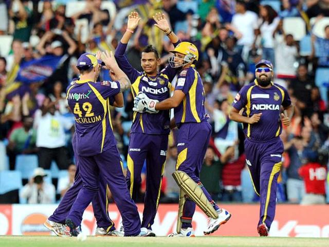 Kolkata Knight Riders cricketer Sunil Narine is congratulated by teammates during a Group A match against the Kolkata Knight Riders in the Champions League T20 at the Super Sports Park in Centurion. AFP Photo