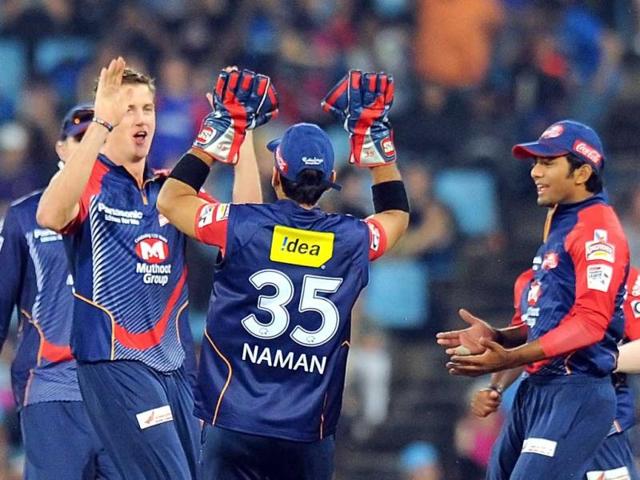 Delhi Daredevils bowler Morne Morkel celebrates after taking the wicket Kolkata Knight Riders Brendon McCullum during a Group A match of The Champions League T20 (CLT20) at Super Sports Park in Centurion. AFP Photo