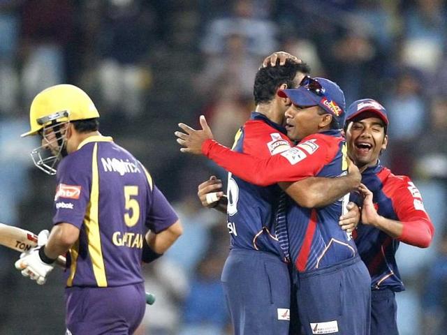 Delhi Daredevils's bowler Irfan Pathan celebrates with teammates after dismissing Kolkata Knight Riders's Gautam Gambhir during the Champions League Twenty20 cricket match at the Centurion Park in Pretoria. AP Photo
