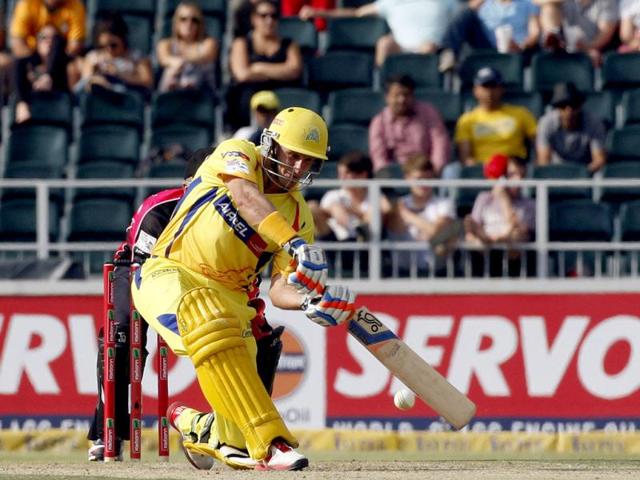 Chennai Super Kings batsman Michael Hussey plays a shot from Sydney Sixers bowler Stephen O'Keefe during the Champions League Twenty20 cricket match at the Wanderers Stadium, Johannesburg. AP photo