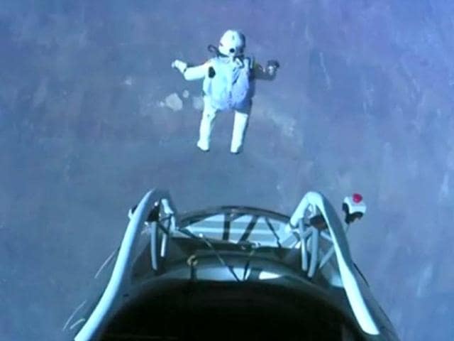 This image made from video, provided by Red Bull Stratos, shows Felix Baumgartner as he jumps out of the capsule during the final manned flight for Red Bull Stratos. AP/Red Bull Stratos