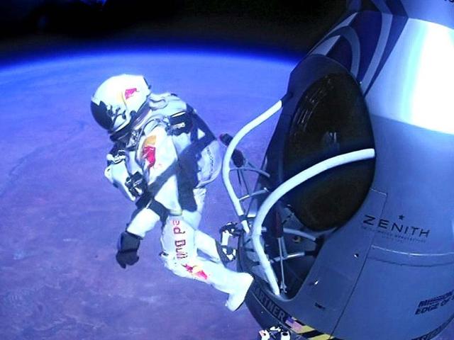 This image provided by Red Bull Stratos shows pilot Felix Baumgartner as he jumps out of the capsule during the final manned flight for Red Bull Stratos. AP/Red Bull Stratos
