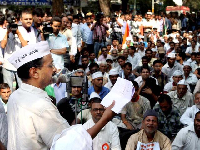 India Against Corruption politician Arvind Kejriwal addresses supporters during a protest at Jantar Mantar in New Delhi. PTI Photo