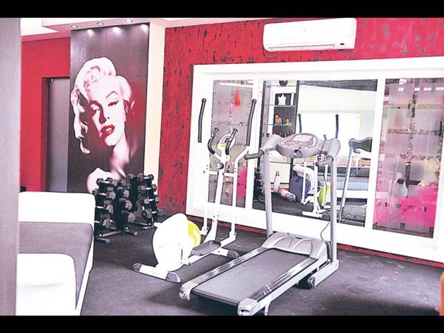 The chalet houses a gym with a treadmill placed in front of a full length mirror.