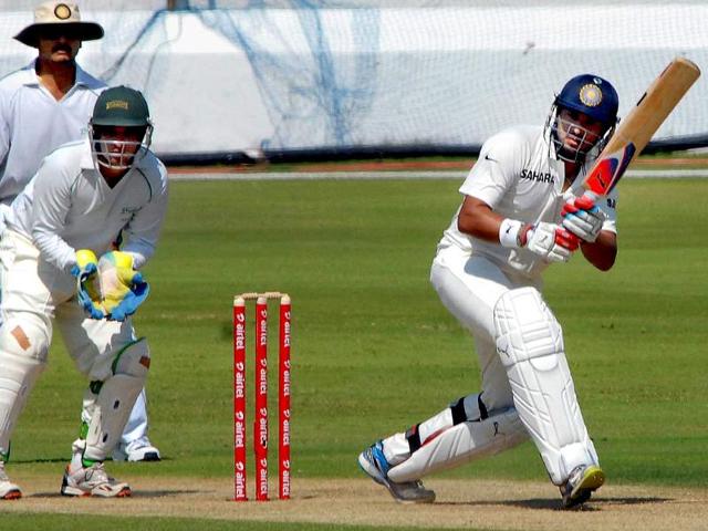 North Zone batsman Yuvraj Singh plays a shot on his way to an unbeaten century against Central Zone on the first day of the Duleep Trophy semi final match in Hyderabad. PTI