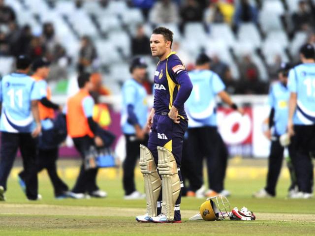 Brendon McCullum of the Kolkata Knight Riders reacts during a match of the Champions League T20 (CLT20) between the Auckland Aces and the Kolkata Knight Riders at the Newlands Stadium in Cape Town. AFP PHOTO / Roger Sedres