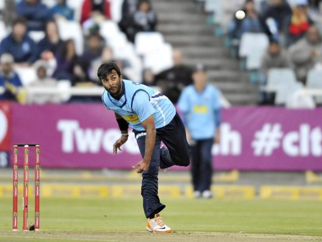 Ronnie Hira of the Auckland Aces bowls during a match of the Champions League T20 (CLT20) between the Auckland Aces and the Kolkata Knight Riders at the Newlands Stadium in Cape Town. AFP PHOTO / Roger Sedres