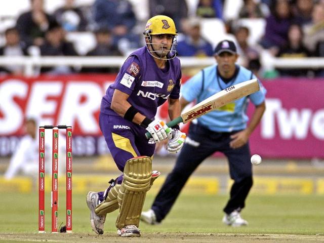 Kolkata Knight Gautam Gambhir plays a shot during the Champions League Twenty20 cricket game against Auckland Aces in Cape Town, South Africa. (AP Photo/Schalk van Zuydam)