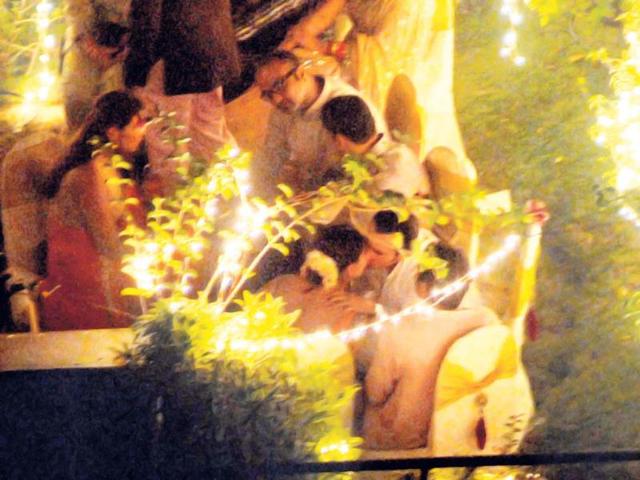 Everyone had a good time at Saif Ali Khan and Kareena Kapoor’s first night of wedding celebrations. Saif kisses his wife-to-be Kareena in this picture.