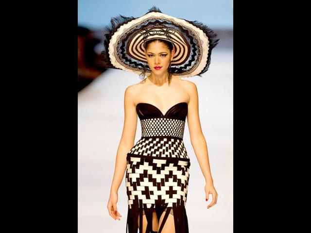 A model presents a creation by French designer Jean Paul Gaultier during the Cali Exposhow fashion week in Cali, Valle del Cauca department. AFP photo