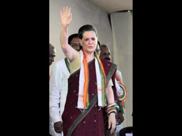 Congress Party president Sonia Gandhi addresses a public rally in Mangalore. PTI