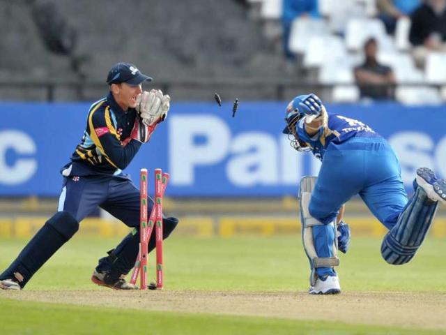 Dan Hodgson of Yorkshire Carnegie stumps Sachin Tendulkar of the Mumbai Indians during Match 11 of The Champions League T20 (CLT20) between the Mumbai Indians (India) and Yorkshire (England) at Newlands Cricket Stadium in Cape Town. AFP Photo/Luigi Bennett