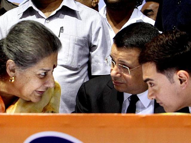Minister Ambika Soni with Bollywood actor Aamir Khan at an award function in New Delhi on Thursday. (PTI Photo)