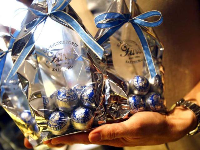 Original Salzburger Mozartkugeln pralines are pictured in the confectionery 'Fuerst' in the Austrian city of Salzburg. Reuters/Dominic Ebenbichler