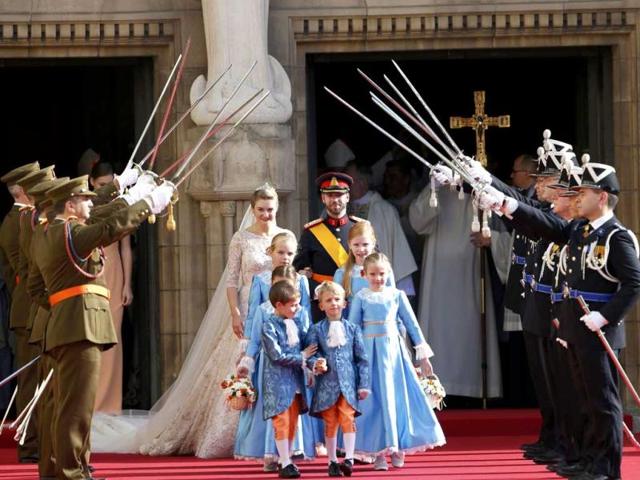 Luxembourg's Hereditary Grand Duke Guillaume (R) and his wife Princess Stephanie, Hereditary Grand Duchess of Luxembourg, leave the Notre-Dame Cathedral after their religious wedding service in Luxembourg. Reuters Photo