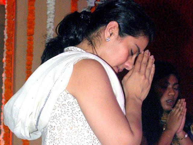 Kajol offers prayes at Durga Puja Ashtami celebrations in Mumbai.