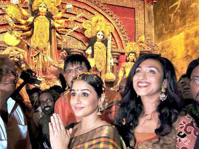 Vidya Balan and Rituprana Sengupta at a community Durga puja pandal in West Bengal.
